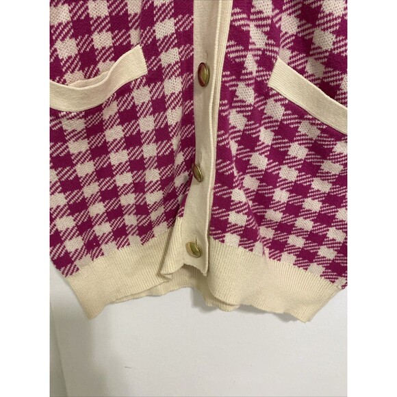 Who What Wear Cardigan Long Sweater Size M Pink Houndstooth Gold Buttons Pockets - Picture 3 of 14
